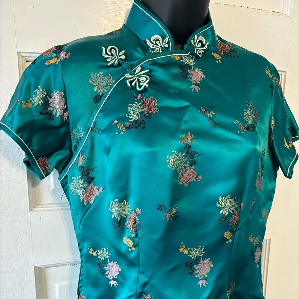 Vintage Solz Squirrel Teal Satin Embroidered Cheongsam Dress ~ Sz 38